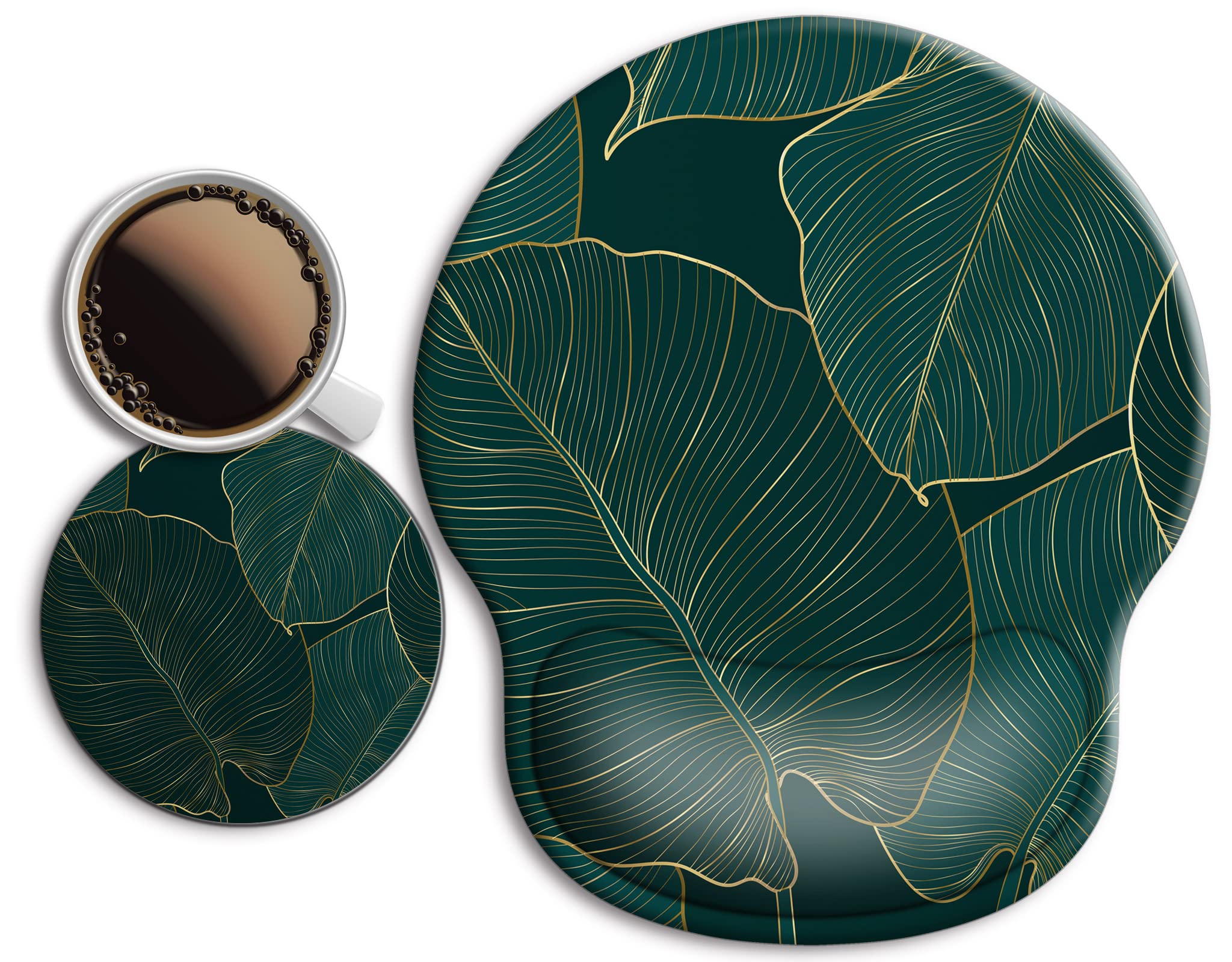 Ergonomic Mouse Pad with Wrist Support Rest,Large Mousepad Gel Wrist Rest, with Coaster Non-Slip & Pain Relief for Computer, Desk, Home&Office-Leaves 2