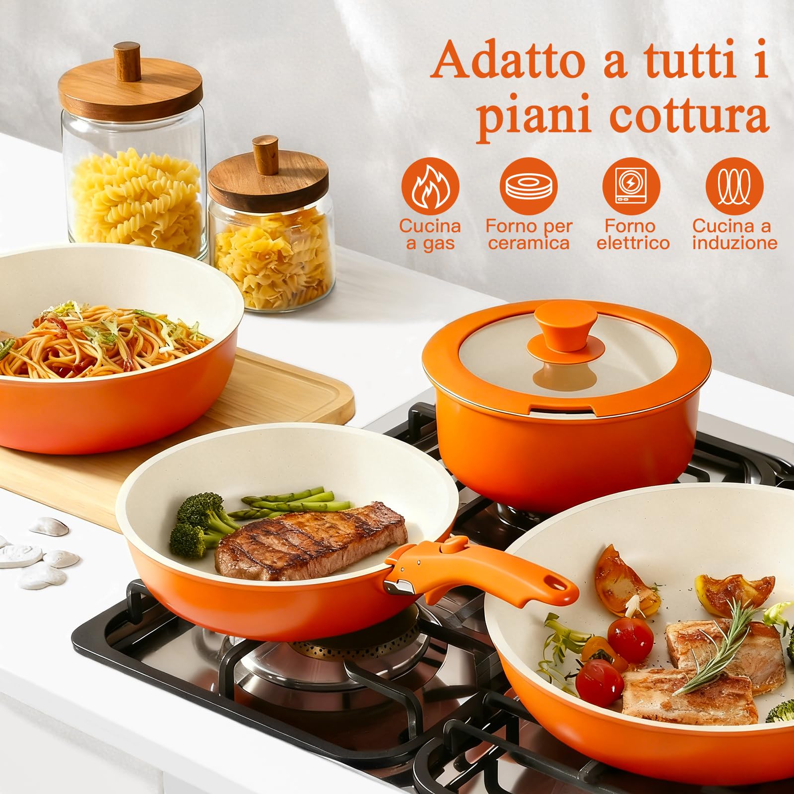 GiPP 11 Pezzi Set Di Padelle Con Rivestimento Ceramico Antiaderente, Set Di Padelle Con Manici Staccabili, Atossiche Compatibili Con Induzione, Forno E Lavastoviglie, Sfumatura Arancione
