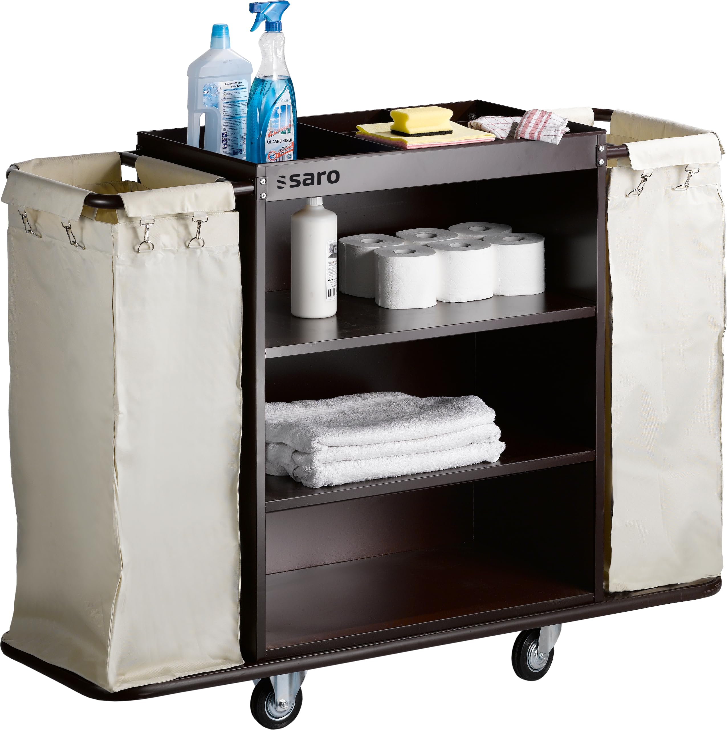 SARO Zimmerservicewagen für Hotellerie & Reinigung – Mit 2 abnehmbaren Wäschesäcken – Stahl, rotbraun – Gummi-Stoßschutz – 142×45×112 cm – Modell AF 258