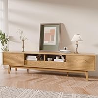 Vista 1 de TOLEAD 70" TV Console, Mid Century Modern Media Console for 55/65/75 Inch TV, Low Profile TV Stand with Fluted Sliding Doors, Boho Light Wood