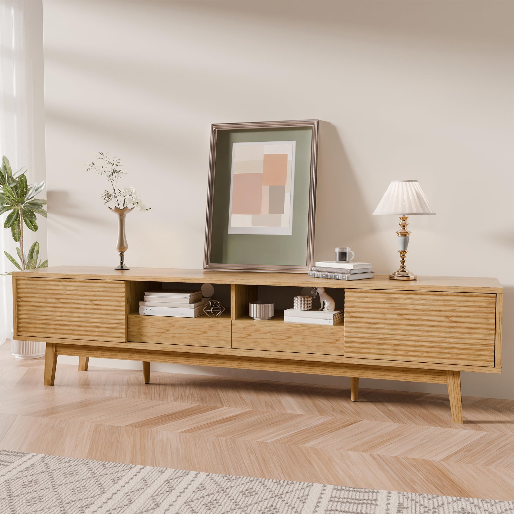 TOLEAD 70" Mid Century Modern TV Stand for TVs up to 75 Inch, Low Profile Entertainment Center with Fluted Sliding Doors & Storage Drawers, Wood TV Console Table for Living Room, Oak 70" Oak