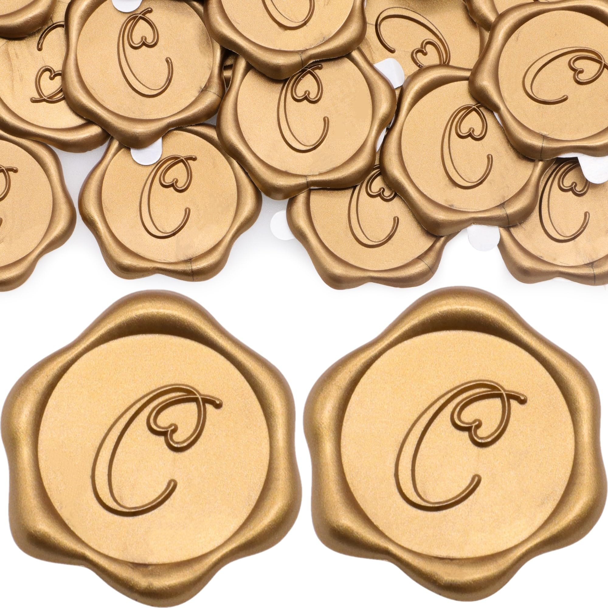 SWANGSA 50 Pack Letter C Wax Seal Stickers, Antique Gold Heart Design Initial Adhesive Wax Stickers, Wedding Party Invitation Envelope Wax Seal Stickers