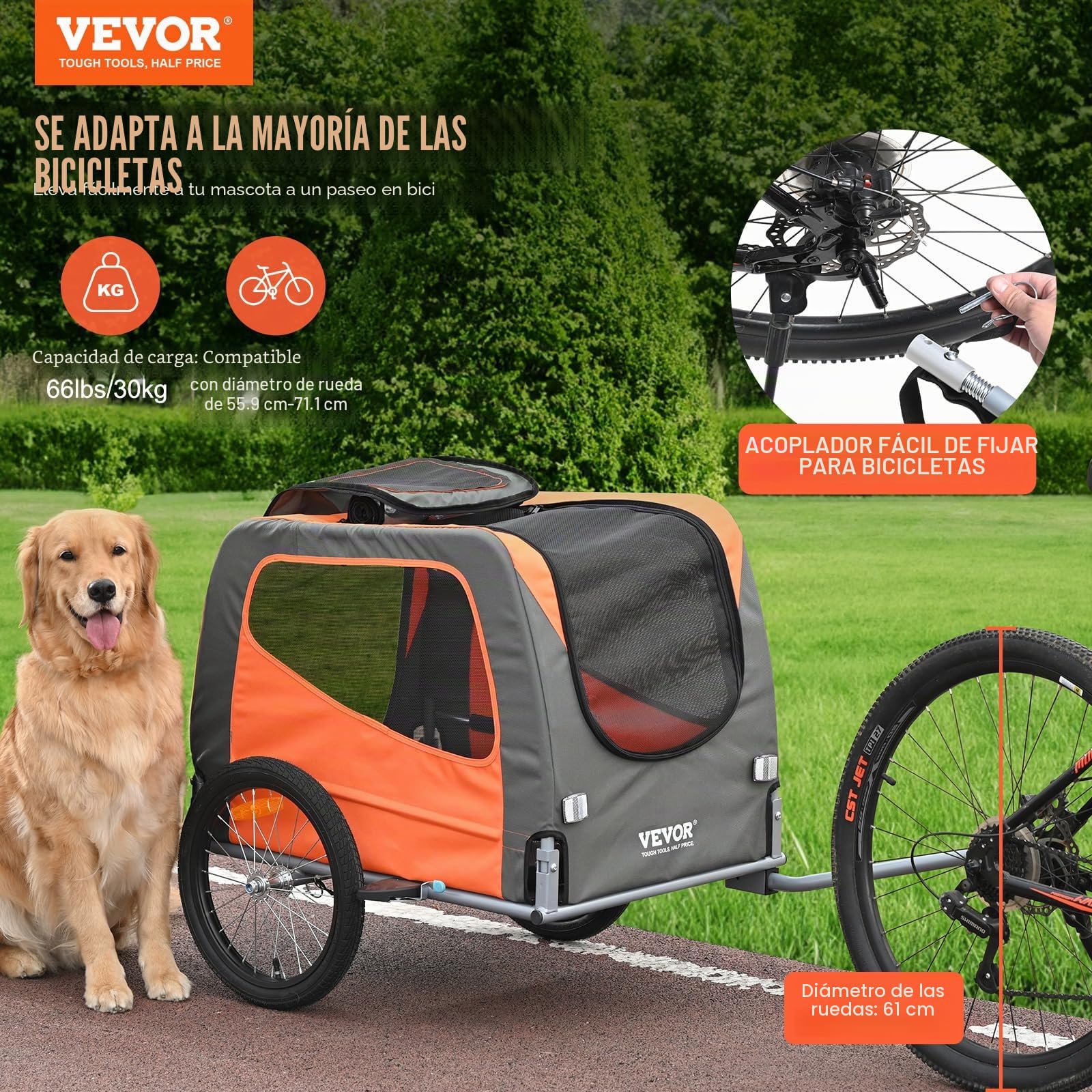 VEVOR Remolque Plegable para Bicicleta para Perros Carga de 30 kg Portabicicletas para Mascotas Marco Fácil de Plegar con Ruedas de Liberación Rápida, Acoplador Universal para Bicicleta, Reflectores