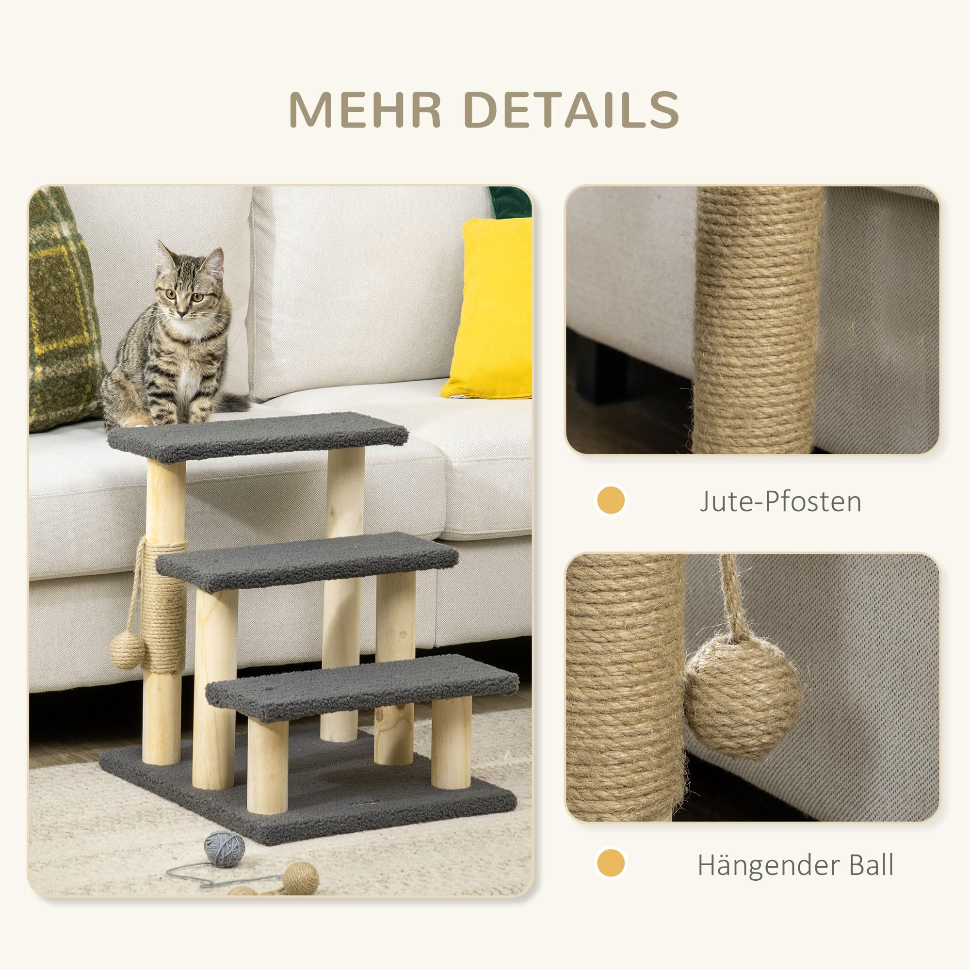 PawHut Katzentreppe 3-stufige Tiertreppe, 48 cm Haustiertreppe mit Sisalsäule, Hundetreppe mit Spielball, Einstieghilfe für hohe Betten, Kiefernholz, Grau+Natur
