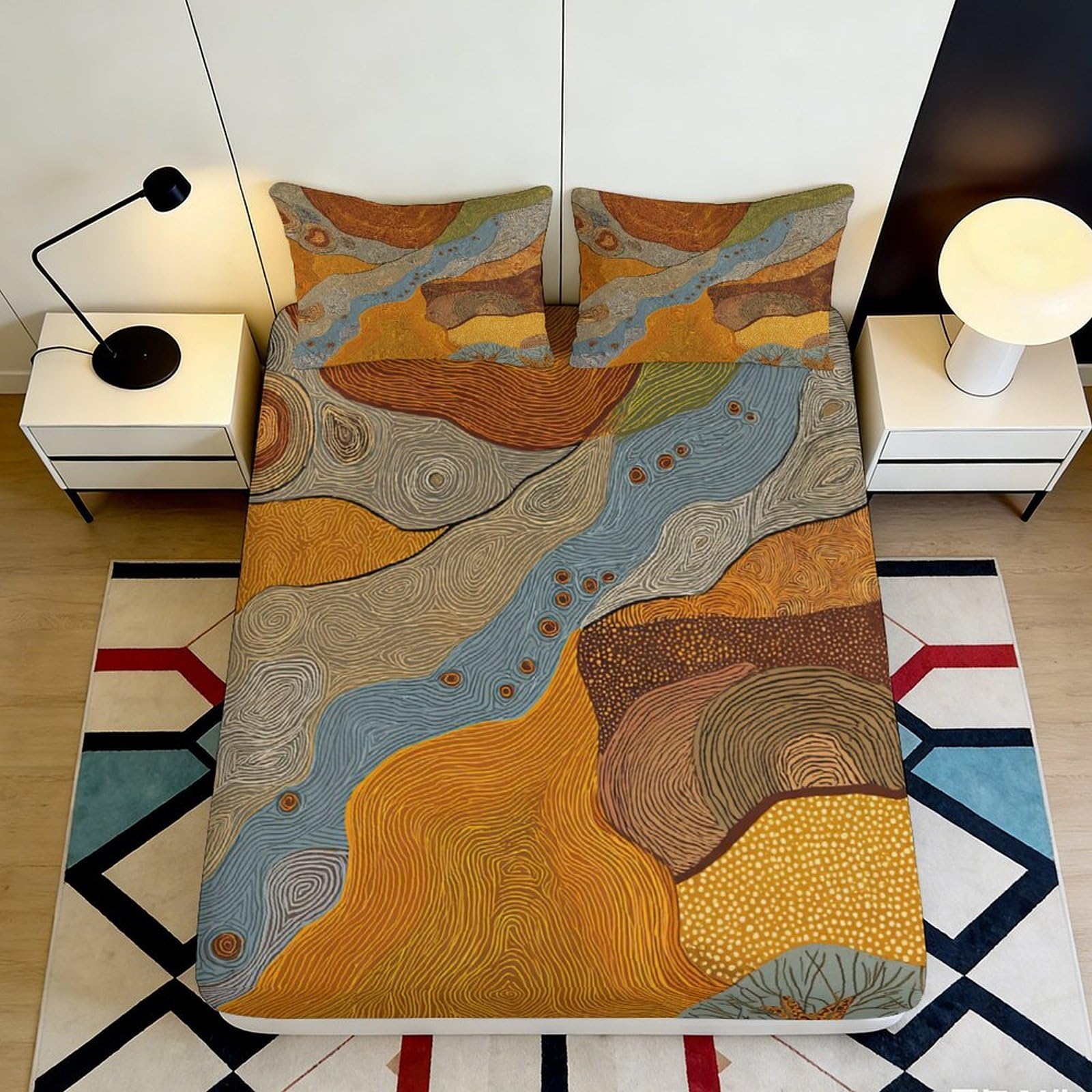 3D Printed Abstract Earth Tone Fitted Sheet Microfiber Soft Breathable Geometric River Mattress Cover for Bedroom Dorm Decor 120x200x25cm