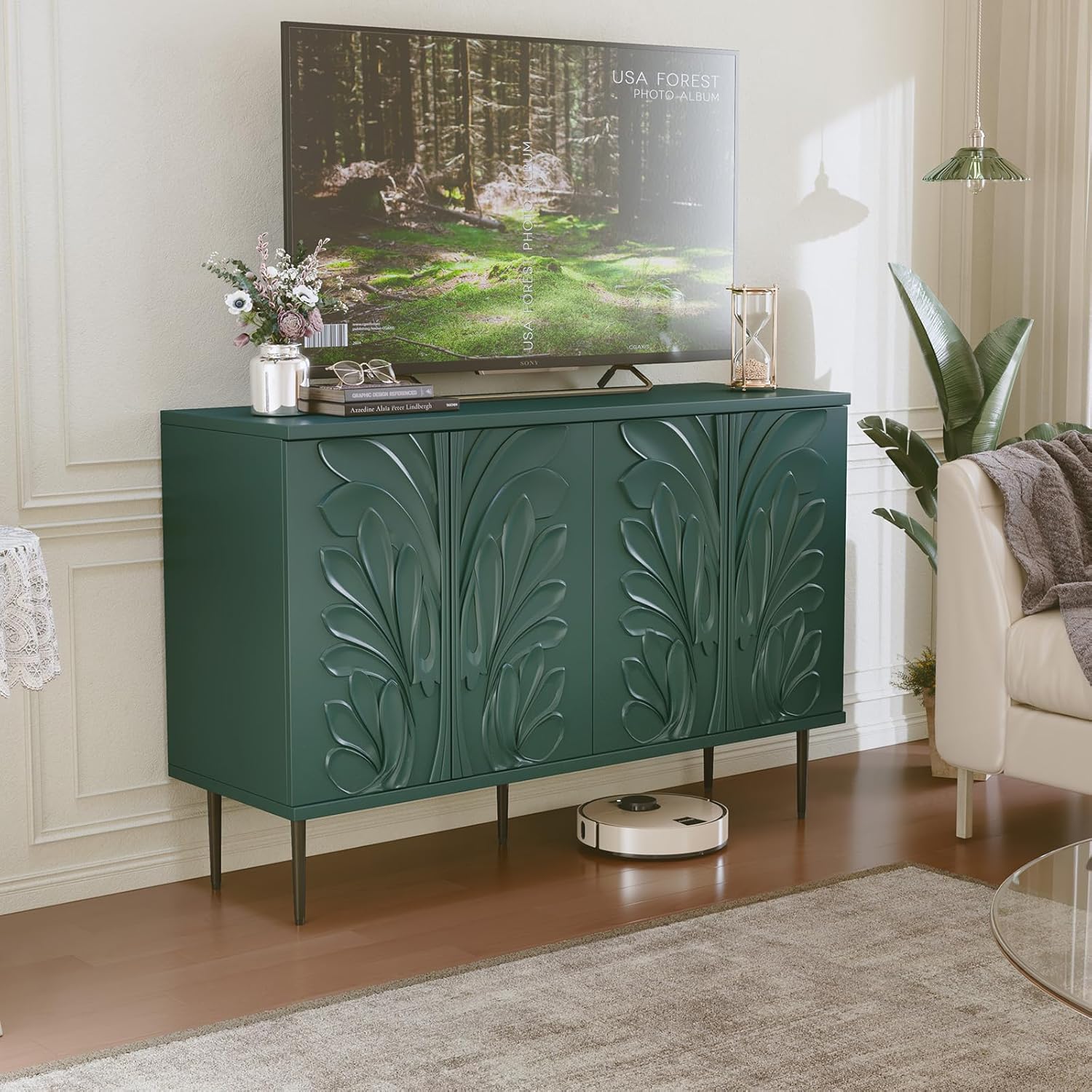 Sideboard Buffet Cabinet with 3D Flower Pattern, Accent Cabinet with 4 Doors & Adjustable Shelves, Wood Decorative Credenza with Storage for Living Room, Kitchen, Dining Room, Entryway, Green