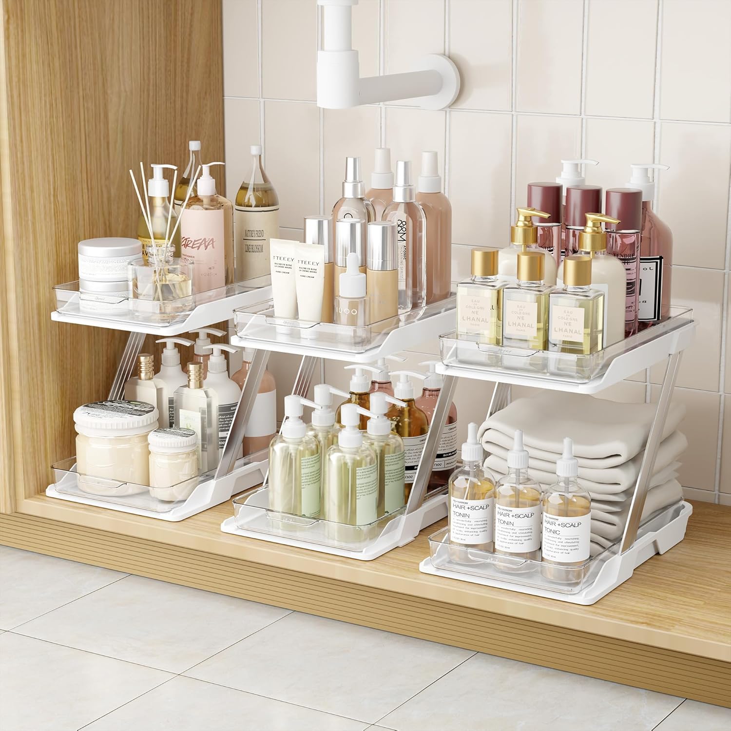 3 Pack Bathroom Organizers and Storage - Multi-Purpose,2-Tier Clear Pull Out Organization for Bathroom,Under Sink,Kitchen,Vanity,Countertop,Cabinet,Pantry & Medicine Cabinet,White 3set White