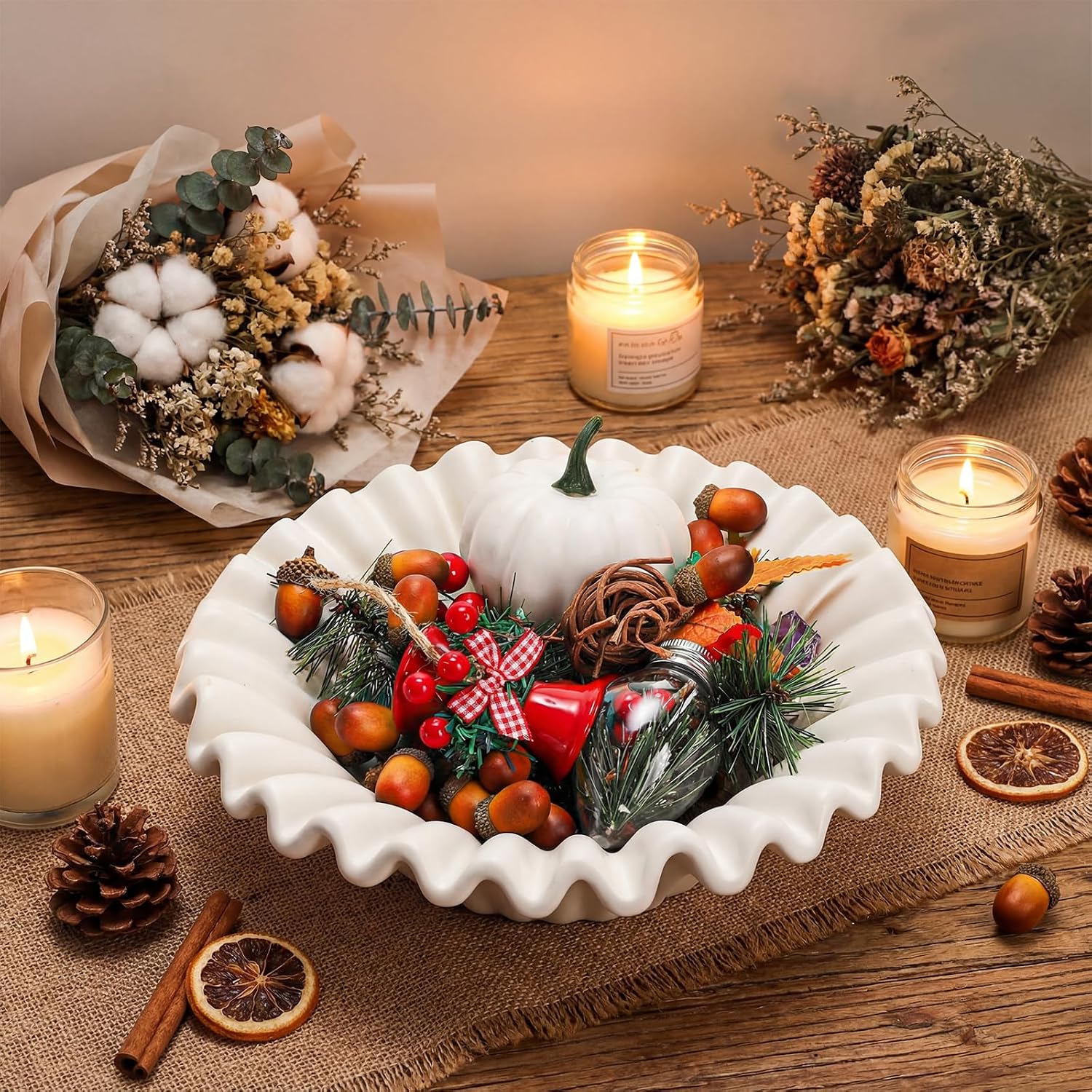 Large Decorative Bowl, 10 Inch White Ceramic Fruit Bowl