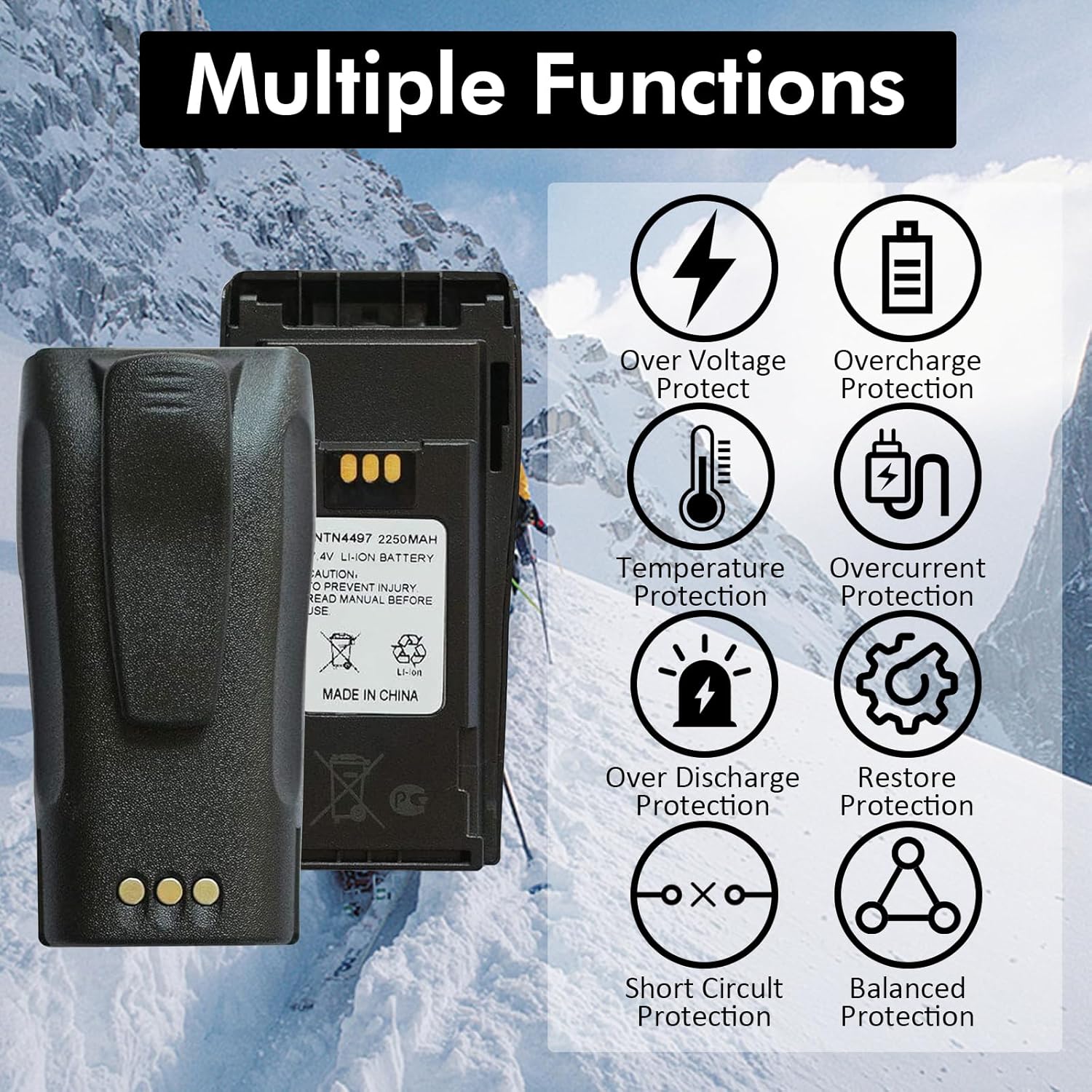 Nozza 2-Pack NNTN4497CR NNTN4497DR NNTN4496 7.4V 2250mAh Li-ion Two-Way Radio Batteries for Motorola CP040, CP200, PR400, GP3188, EP450, DEP450 with Belt Clips - Image 3