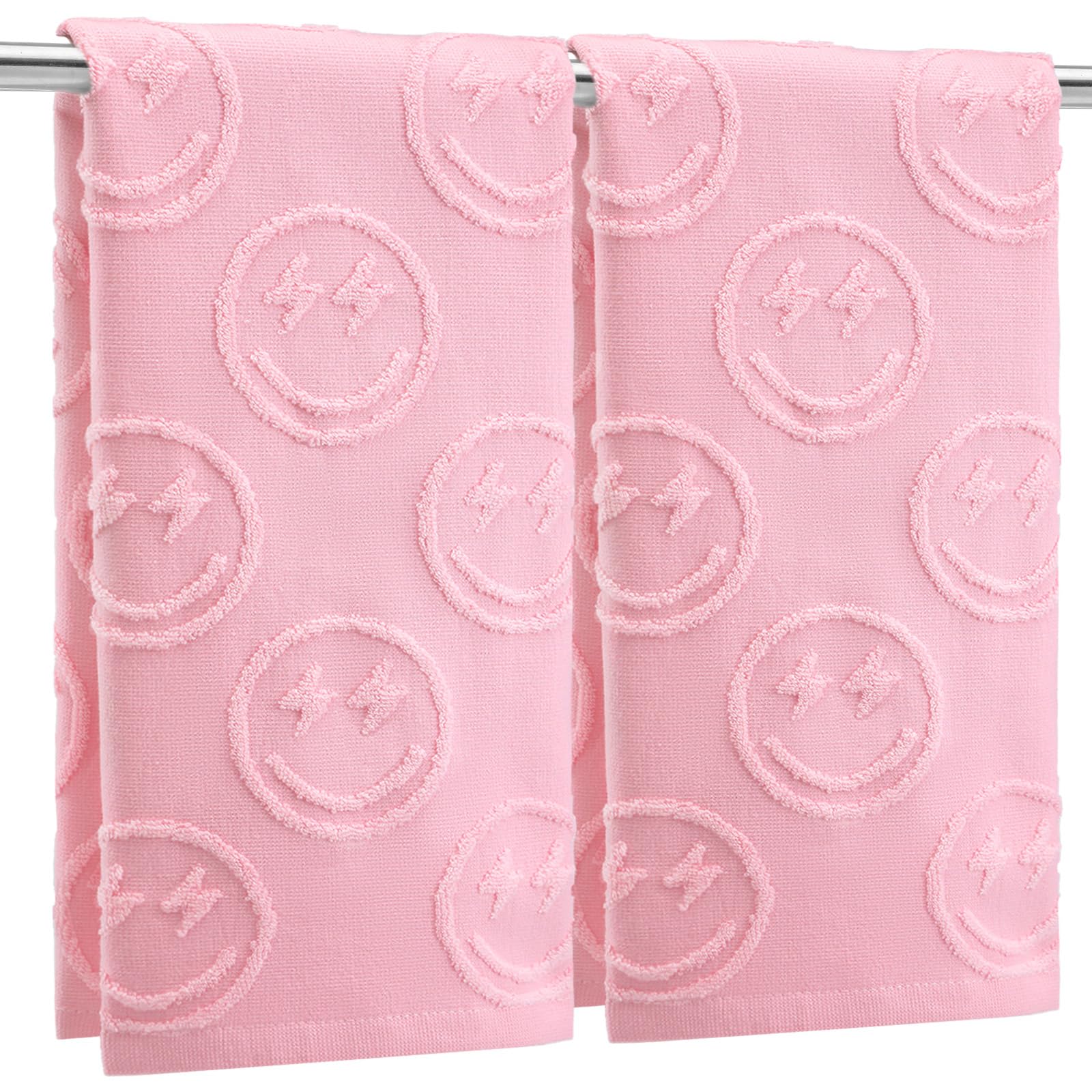 FuWeave 2 Pcs Smiling Face Hand Towels for Bathroom Pink Preppy Hand Towels 100% Cotton Absorbent Decorative Jacquard Weave Bath Decor Cute Bathroom