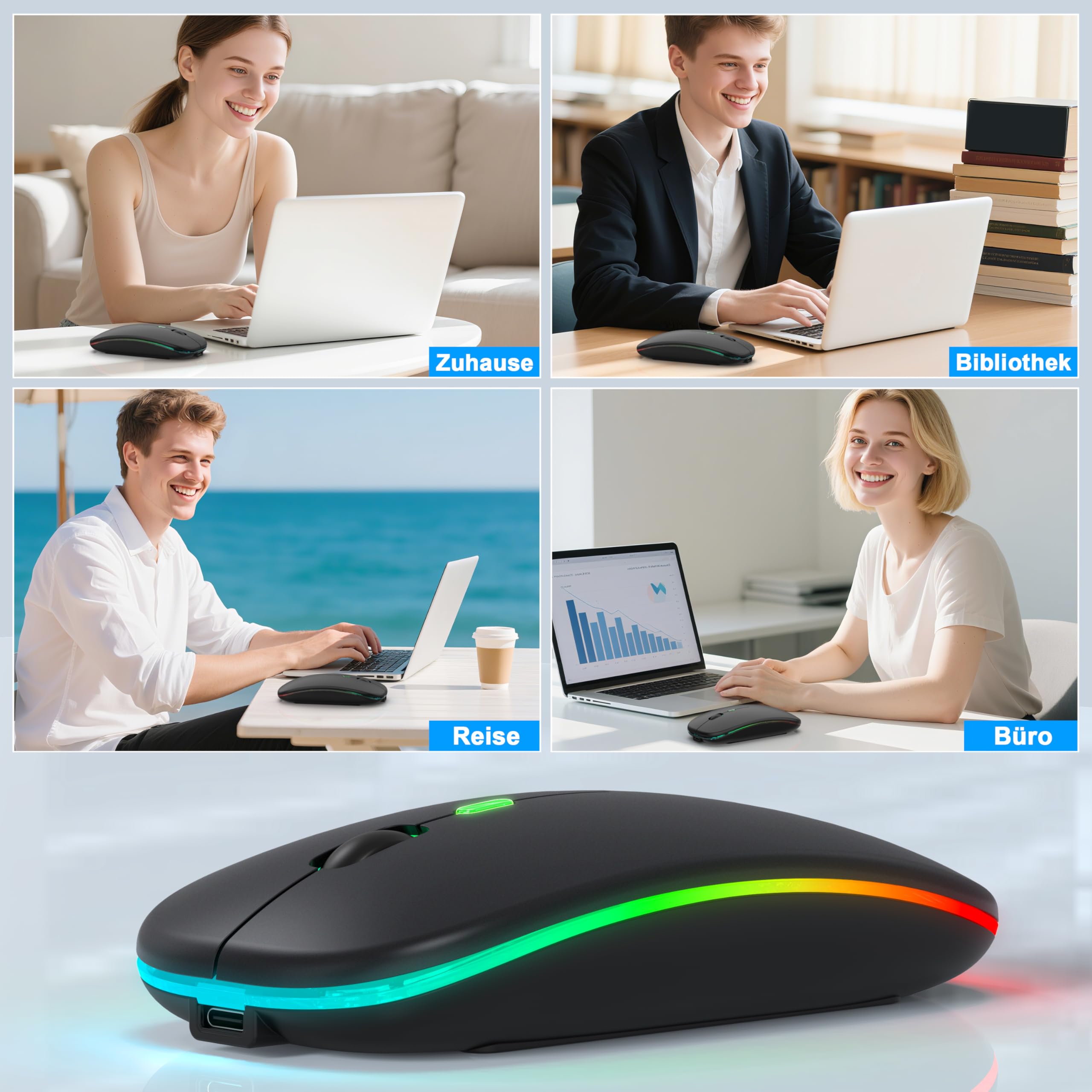 Mouse wireless con modalità jiggler – Bluetooth 5.2 & 2.4G radio per computer portatile, PC, iOS, Android, iPad e Windows, LED a 7 colori e 1600 DPI ottico (Modalità Jiggler, Nero)