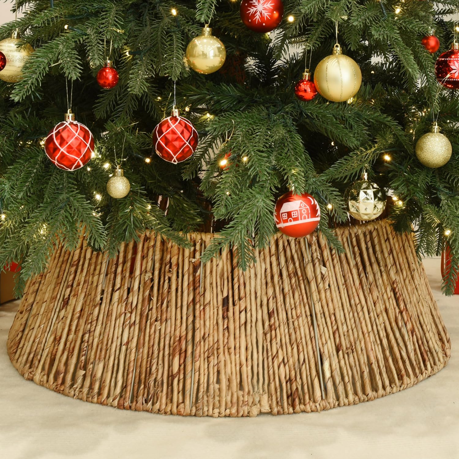 YoleShyChristmas Rattan Tree Collar, 6-Piece Holiday Tree Skirt Accessory, Hand-Weaved Farmhouse Christmas Tree Ring, Easy Set Up 28" Tree Base Ring Tree Skirt Collar for Christmas Tree Decoration