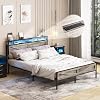 LED King Size Bed Frame with Charging Station, Platform Metal Bed with Headboard Storage & USB Ports Outlets, Farmhouse Bed Frame with Lights for Bedroom, Noise Free, Wash Grey King