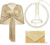 Hicarer 5-Piece Gold Jewelry Set with Shawl Wrap, Rhinestone Necklace, Bracelet, Earrings & Evening Clutch Purse for Prom, Wedding