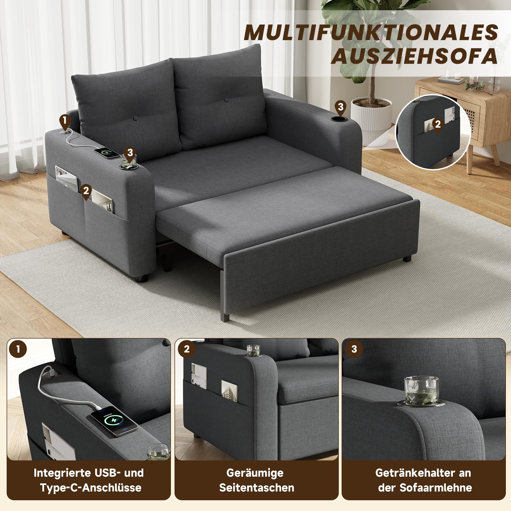 Divano letto 3 in 1, divano letto estraibile con funzione sonno, divano doppio con porta bevande, tasche laterali, cuscino e porta USB, design moderno, adatto per soggiorno e camera da letto (grigio)