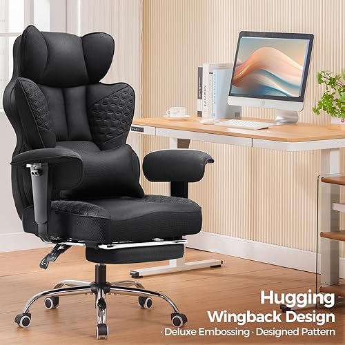 Miniatura 3 de COMHOMA Silla de oficina grande y alta de 400 libras de ancho, tela ergonómica de lujo, diseño en relieve, silla de juegos con reposapiés,