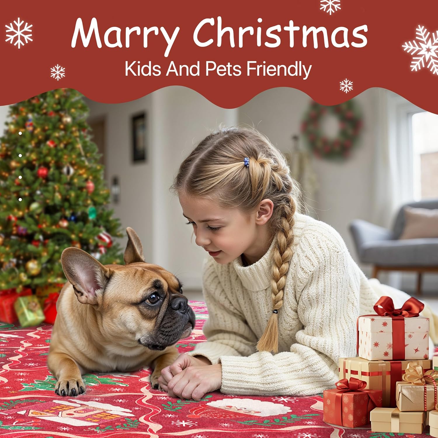 Christmas Area Rug  for Living Room, Washable Rug for Bedroom, Christmas Home Decor, Holiday Print Carpet, Low Pile Non Slip Mat with Rubber Backing, Red Christmas Tale Pattern