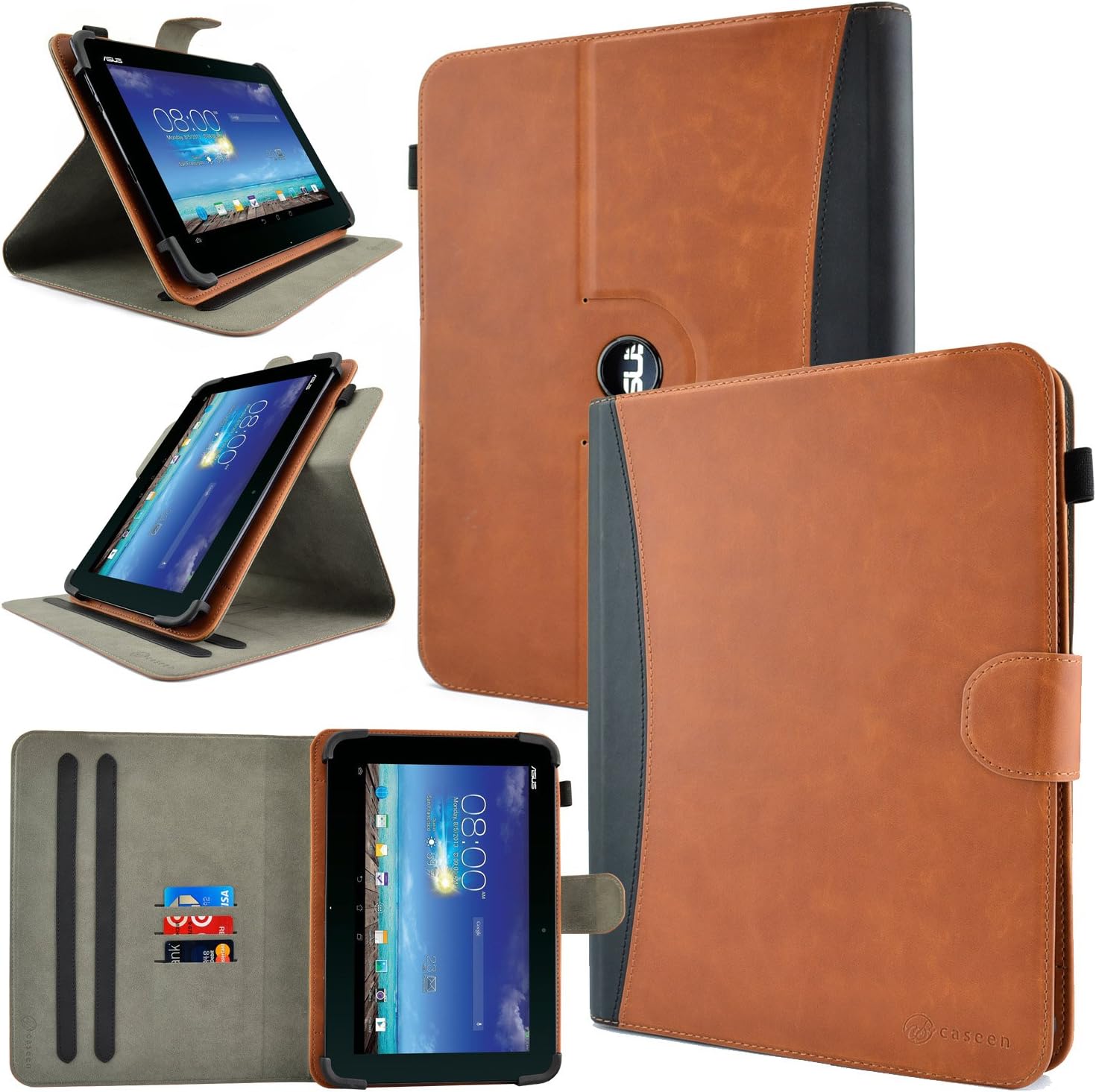 caseen Universal Tablet Wallet Case 8.9-10.1 Inch (Brown/Black) *New Version Indestructible TPU Clip* [Rotating Multi-Angle Stand] - Terra Wallet 360