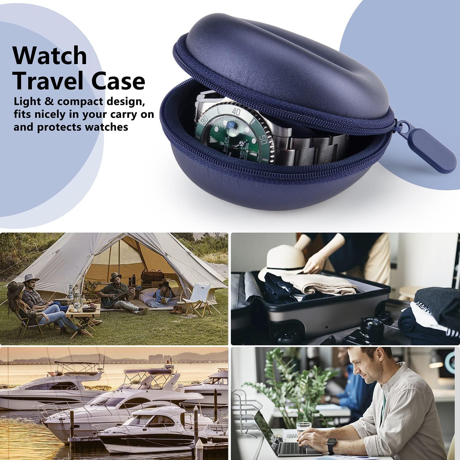 HELMDY Horloge Travel Case voor Mannen & Vrouwen: Draagbare Single Horloge Opbergdoos Reizen Horloge Case 1 Slot - Past op alle Horloges & Smart Horloges tot 50mm (Blauw-1 Stuk