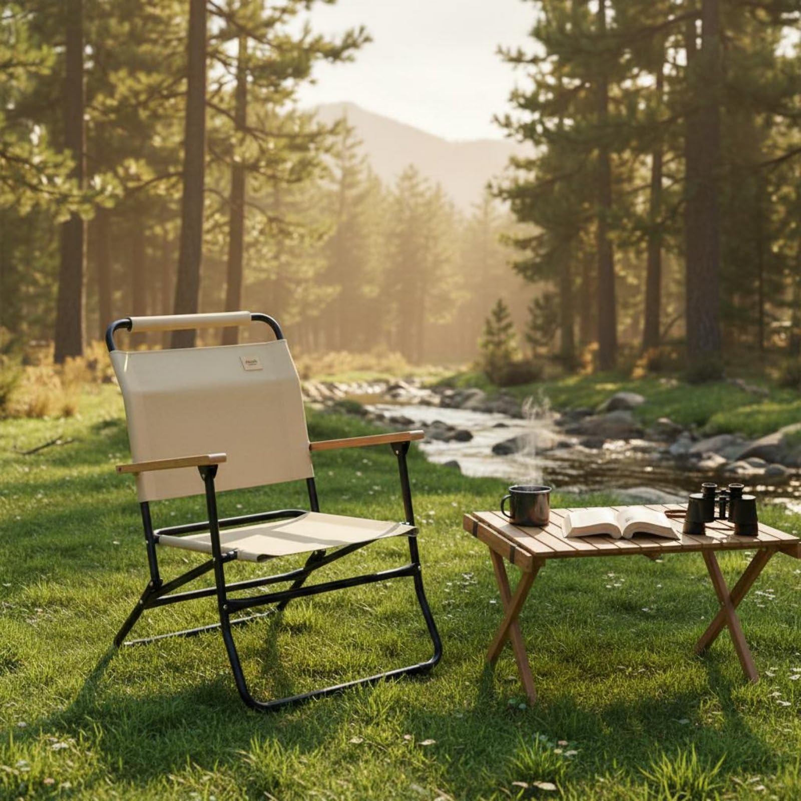 MERIGLARE Campingstuhl Faltbarer Stuhl Klappstuhl Tragbarer Sitz mit Rückenlehne Und Armlehnen aus Metallrahmen für Camping Picknick Garten Reisen Terrasse Festival Geeignet, Khaki