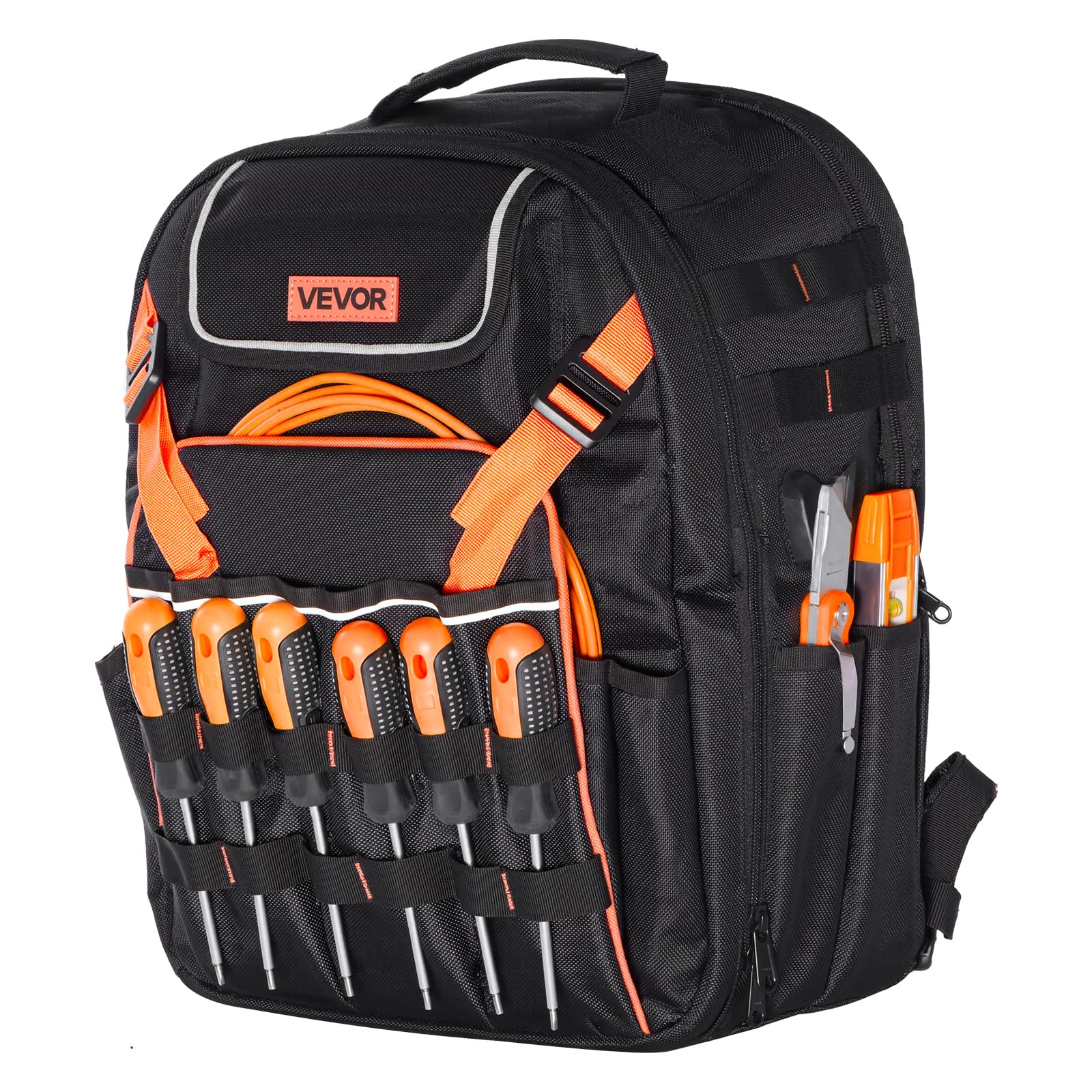 VEVOR Sac à Dos à Outils, Charge 22,7 kg, Sac à Outils, 33x22x44 cm, avec 45 Poches, Compartiment Ordinateur Portable, Base Stable, Organisateur à Outil Robuste pour Chantier, Électricien, Réparateur