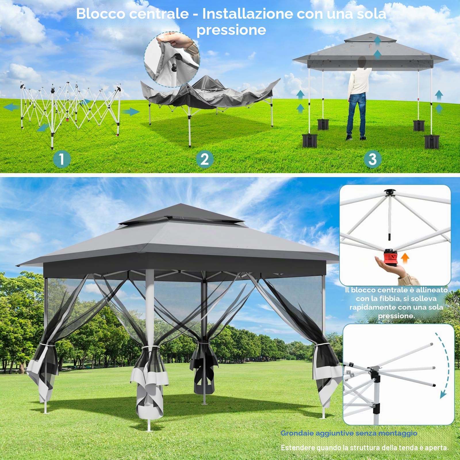Gazebo pieghevole 3,3x3,3 m, con 4 pannelli laterali in zanzariera, One Push tenda con doppio tetto, Gazebo impermeabile da giardino 4 PCS Sacchi di Sabbia, per mercato/campeggio/spiaggia, Grigio