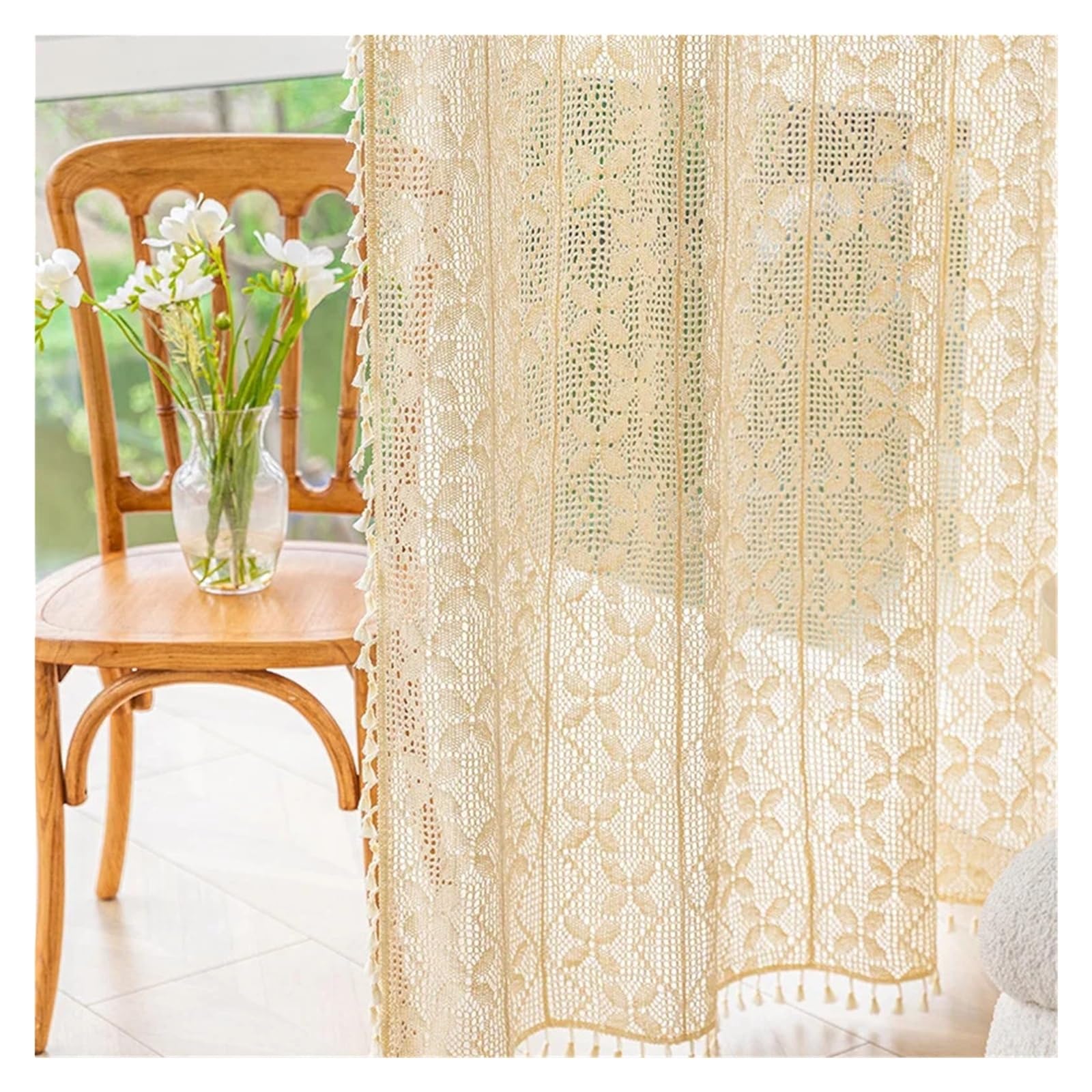 Rideaux dentelle salon vintage voilage coton tricoté beige style campagne chic passe-tringle