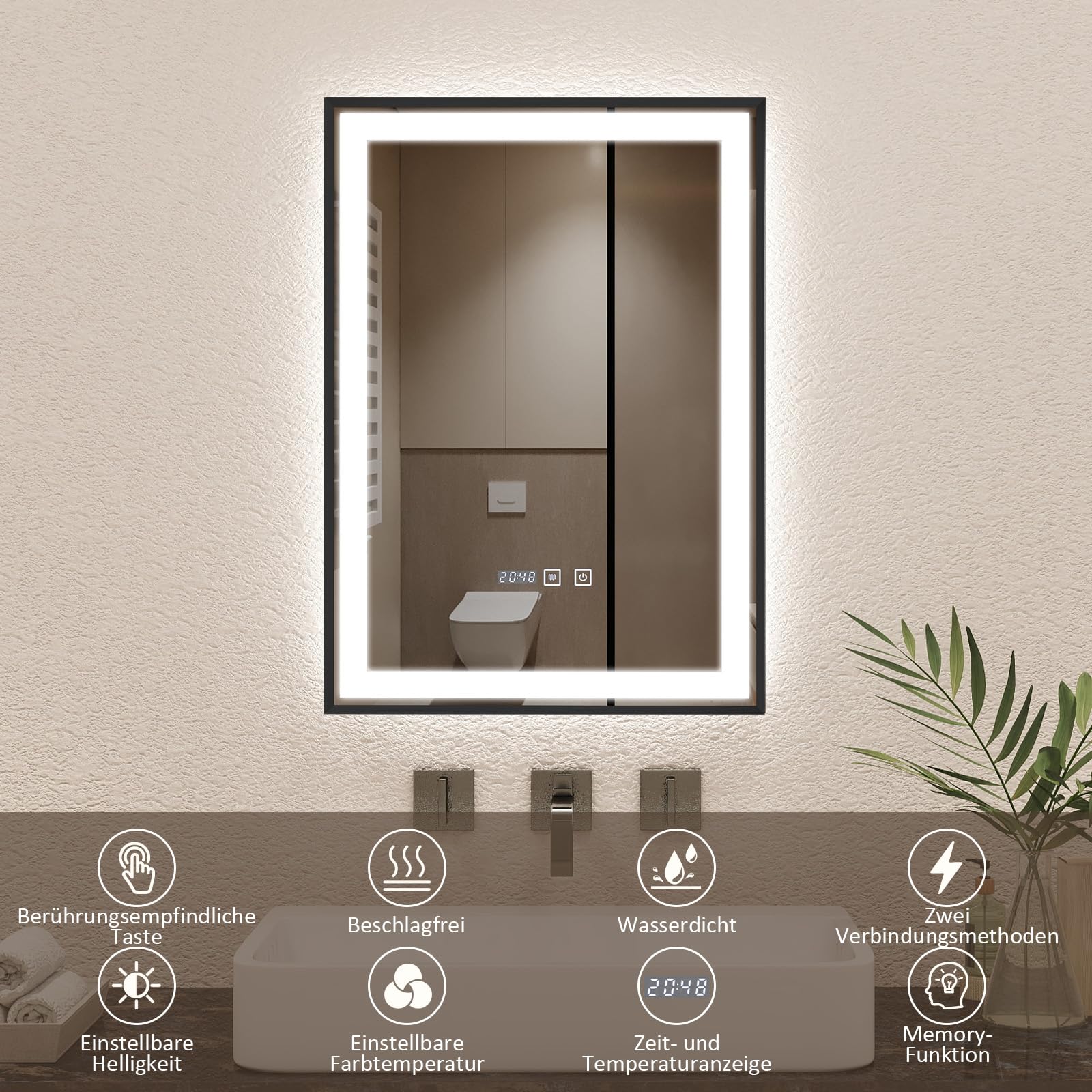 YOURLITE Badspiegel mit Beleuchtung 50x70,Badezimmerspiegel Led Badspiegel,UhrTouch-Schalter,Spiegel Bad mit Beleuchtung,3Lichtfarben Dimmbar,Antibeschlag,Wandspiegel,Speicherfunktion,Vertikal,Schwarz