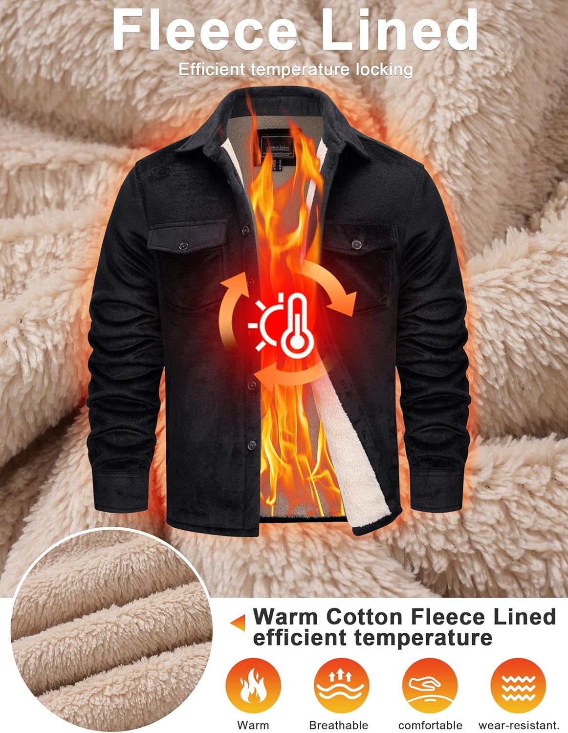 Cotrasen Men's Flannel Shirt Fleece Lined Flannel Jacket Cotton Button Up Plaid Shirt Warm Heavyweight Fall Winter Coat - Image 4