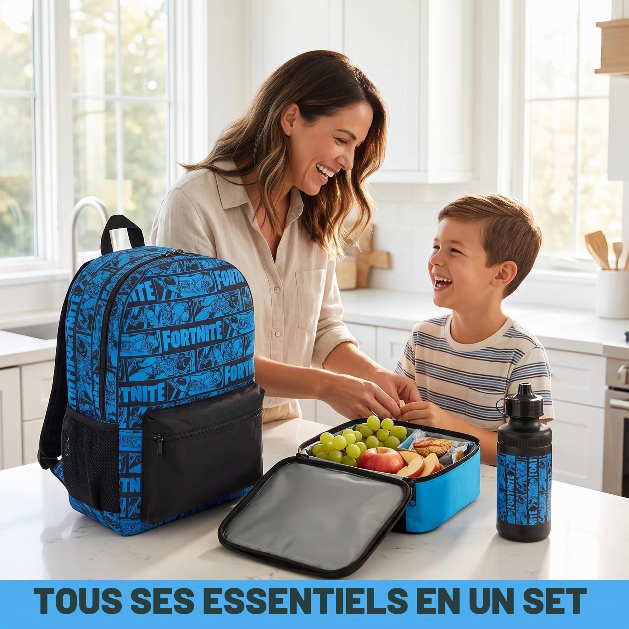 Get Trend Fortnite Sac a Dos Enfant Garcon Set, 6 Pièces avec Grande Sac à Dos 46cm, Sac Isotherme Repas, sans BPA Gourde Sport, Trousse Scolaire et Porte Clés, Cadeau Enfant