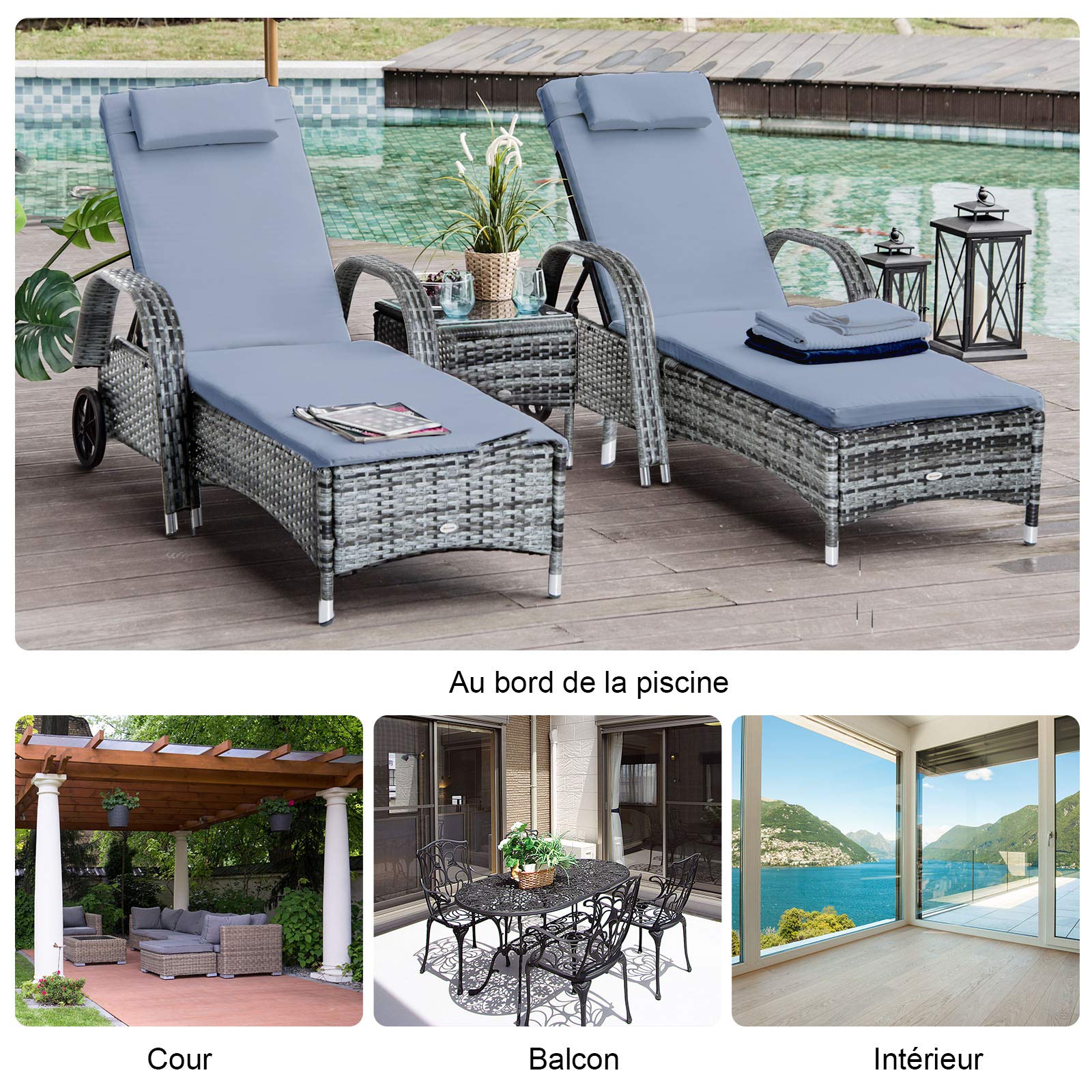 Outsunny Lot de 2 Transats Bains de Soleil Grand Confort : Matelas Gris