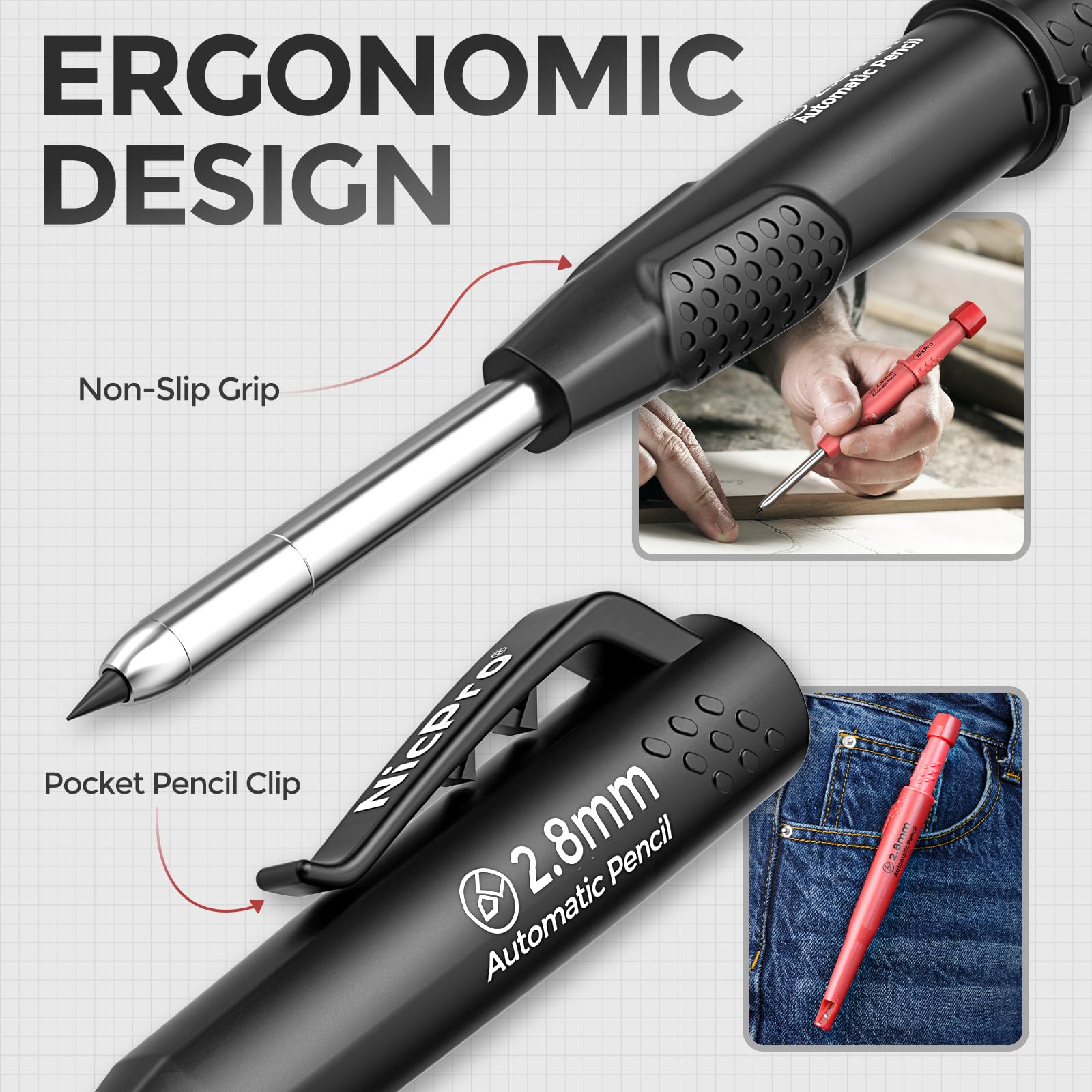 Nicpro 3 Pack CP3000 Carpenter Pencil with Sharpener, Mechanical Carpenter Pencils with 57 Refills - Image 4
