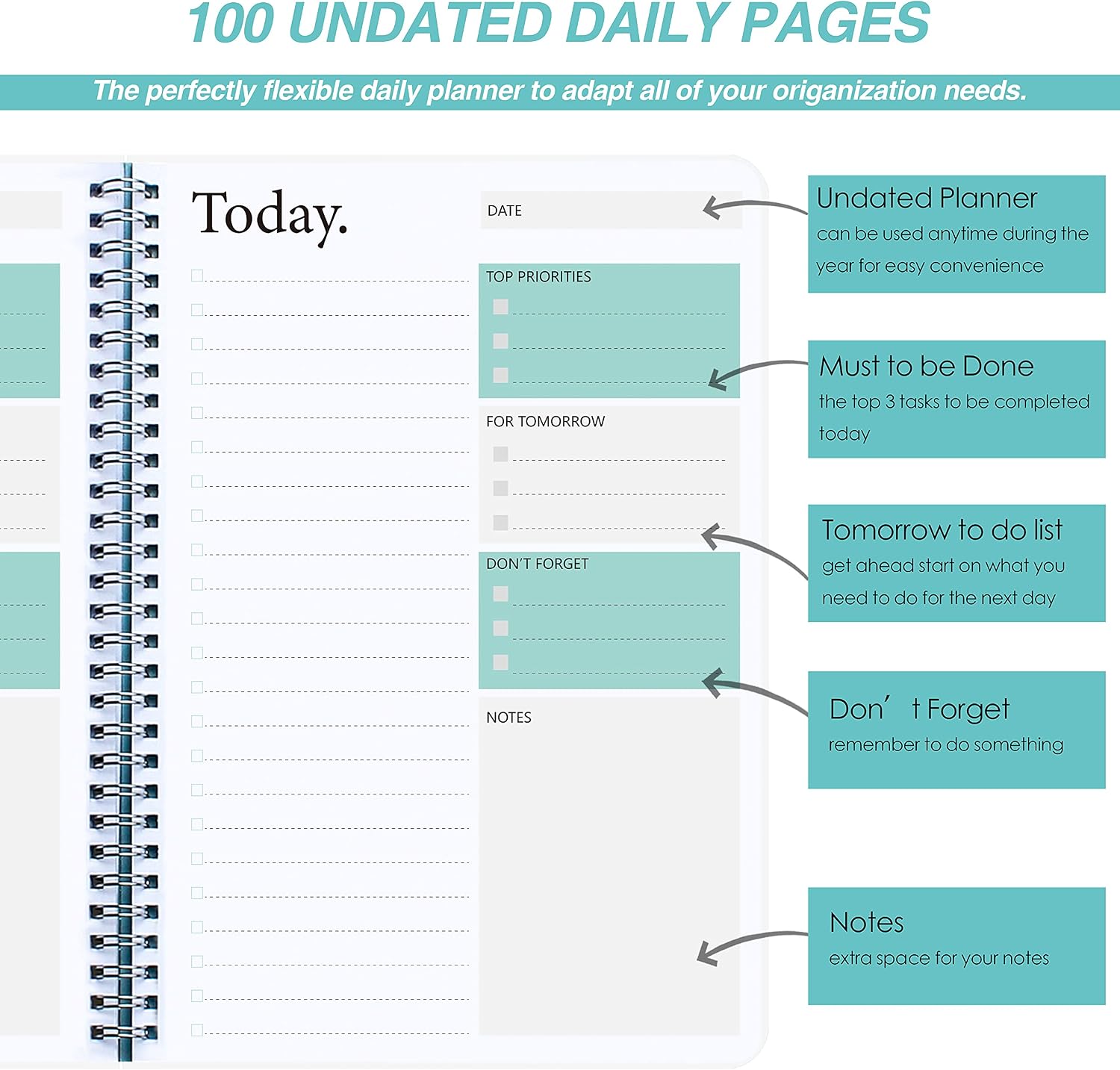 Day Planner Notebook - Undated Planner To Do List Notebook, Today Planner with Checklist, Daily To Do Planner to Increase Productivity, 5.7 x 8.0 inches - Flexible Cover, Strong Twin-Wire Binding