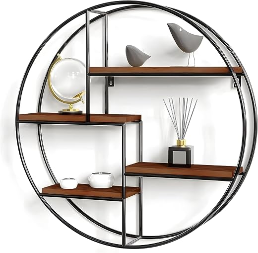 Dime Store Metal Round Floating 4-Tiers Shelves Wooden Bookshelf for Home Wall Decorative Racl Shelf for Living Room &amp; Bed...