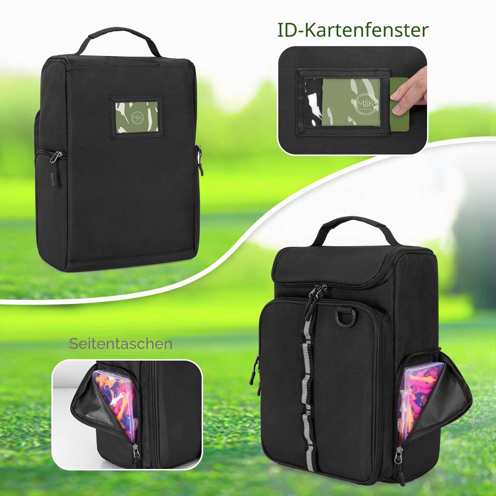 GOBUROS Golfschuhtasche für EIN Paar Schuhe US Herren 14, Golfschuh-Tragetasche mit kostenlosen Handschuhhaltern (EIN Paar), Vorder- und Seitentaschen für Tess, Handschuhe und Ball, Schwarz, Tasche