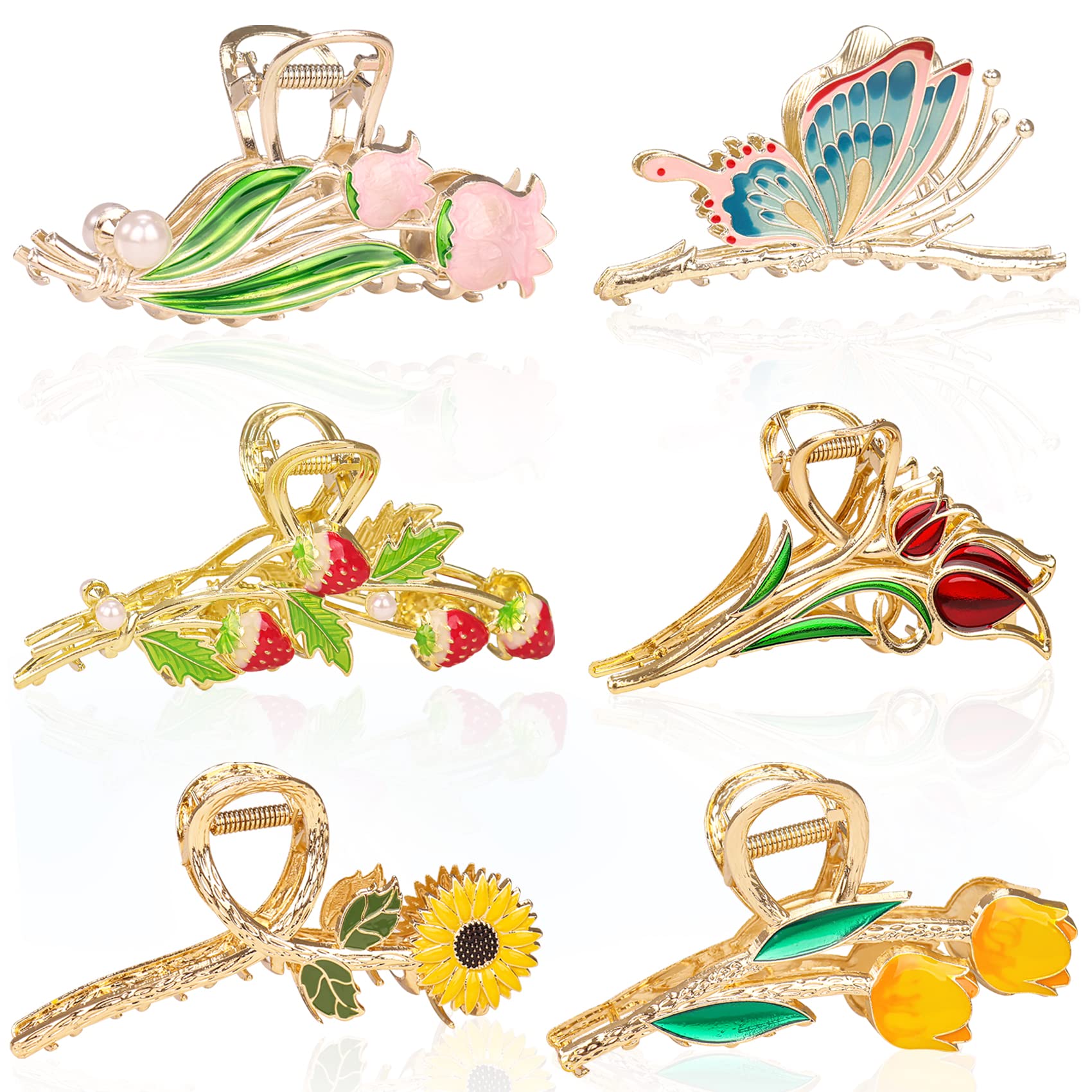 6 Pcs Metal Flower Tulip Clips with Strong Hold for Long, Thick & Curly Hair - Cute Strawberry, Butterfly Jaw Hair Clamps for Fashion & Big Hair Styles - For Women and Girls
