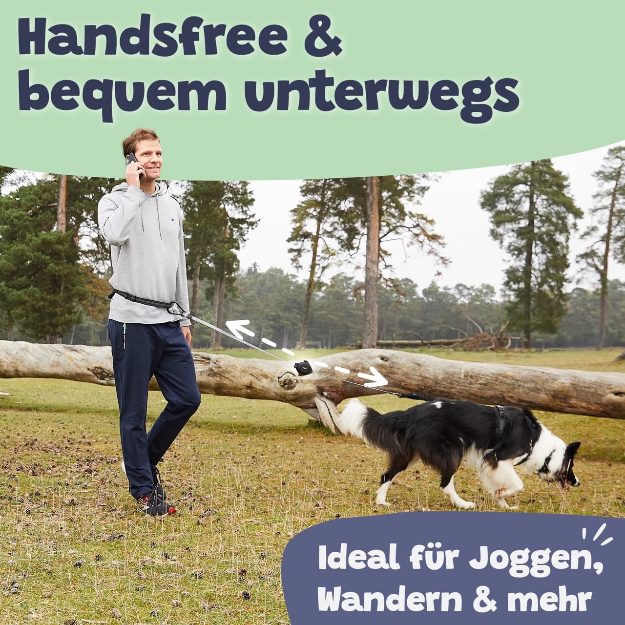 Handsfree Hundeleine mit Bauchtasche & Hüftgurt – Nie Wieder Leine in der Hand | Stoßdämpfer, Einziehmechanismus, 2 Sicherheitsgriffe & Reflektor | Jogging & Canicross 5–40 kg (Größe L)