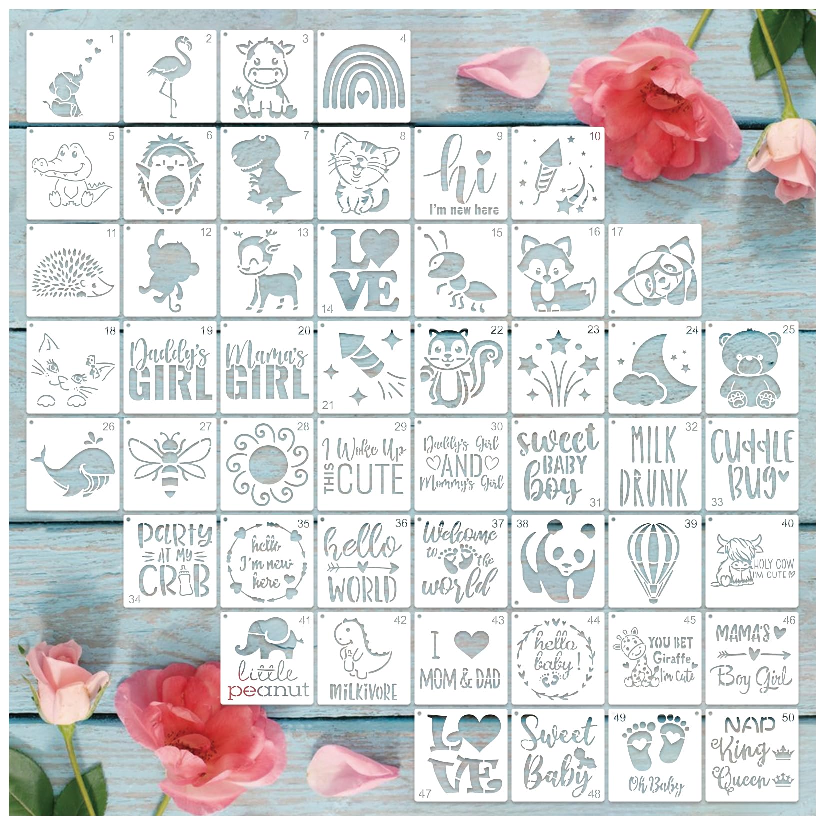 50Pcs Baby Shower Stencils for Painting Onesie Decorating Kit Fabric Stencil Reusable Templates for Painting on Onesies Shoes Bibs Clothes Cookie Bodysuit (50 pcs)