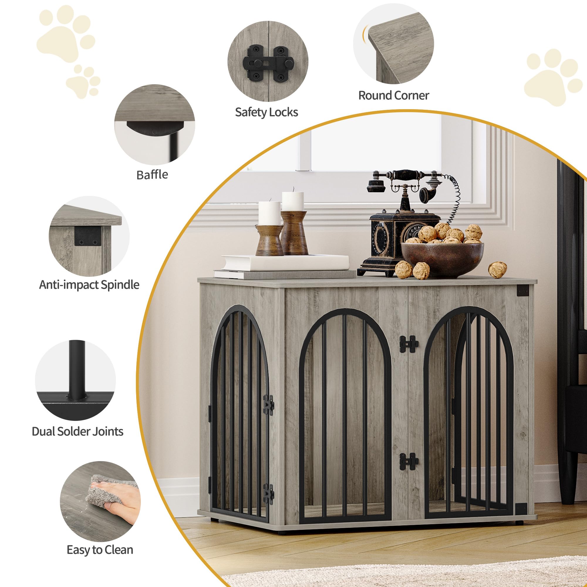 Cage pour Chiens 68cm Table d'Appoint Niche Moderne Intérieur 3 Portes Porte arquée 68 x 49 x 56 cm Ivoire Clair