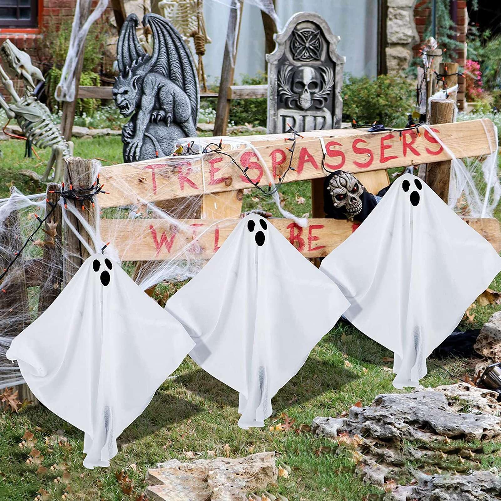 Pałki świetlne na Halloween, zestaw 3 diod LED, oświetlenie zewnętrzne, straszne wiszące ozdoby na trawnik, podwórko, patio, nawiedzony dom