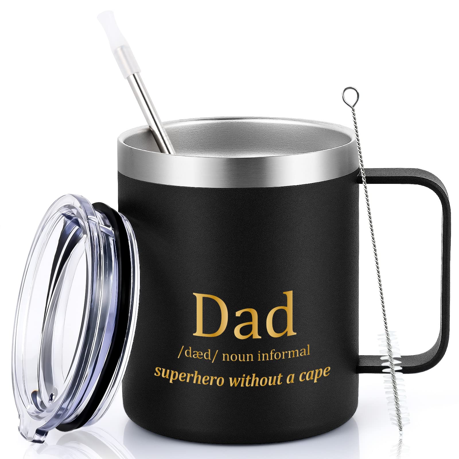 Gtmileo Dad Gifts, Dad Superhero without A Cape Stainless Steel Insulated Coffee Mug, Fathers Day Christmas Birthday Gifts for Dad New Dad Dad to Be Papa Daddy Father from Daughter Son(12oz, Black)