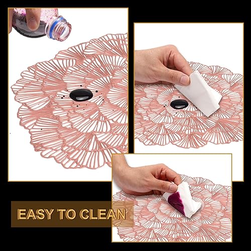 Miniatura 3 de uxcell Juego de 6 manteles individuales redondos de flores rosas para mesas de cena, manteles individuales metálicos de polivinilo prensado,