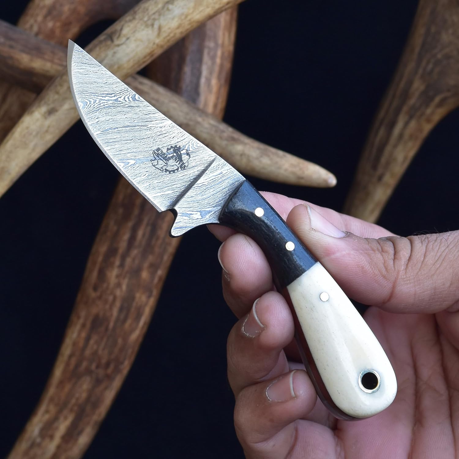 Knives Ranch Handmade Necklace Knife – 5.25" Fixed Blade EDC Knife, 2.5" Razor Sharp Damascus Steel Blade, Natural Bone Handle with Micarta Bolster, Leather Sheath with Paracord Neck Carry