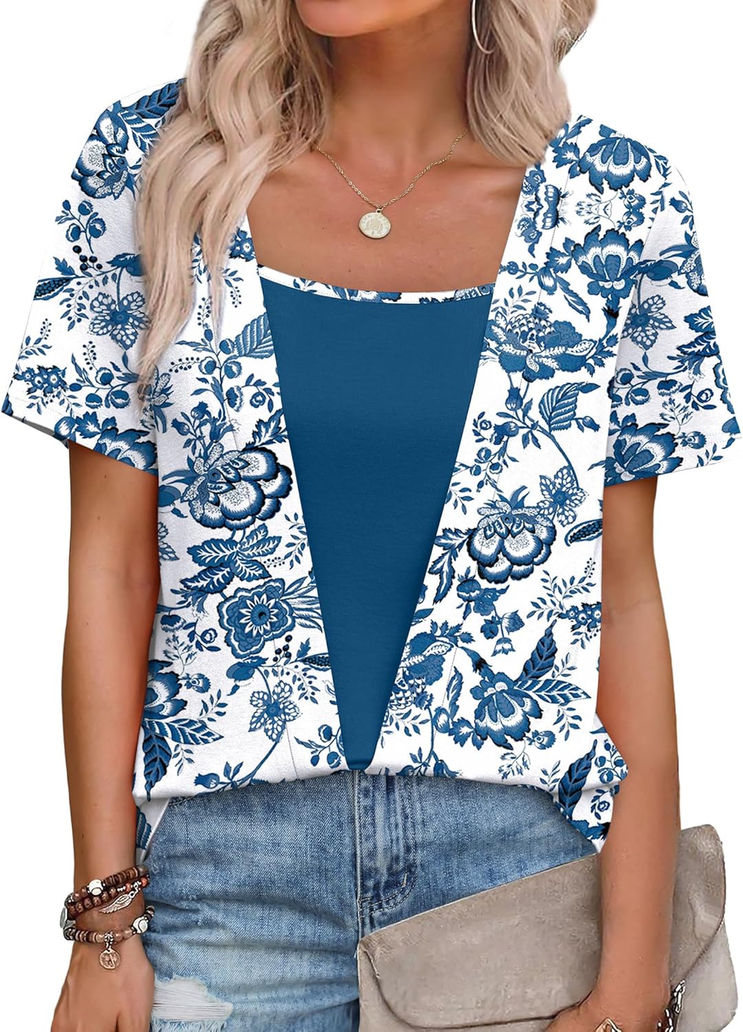 WIHOLL Womens Summer Tops Trendy 2 in 1 Blouses Short Sleeve Shirts Casual T Shirts Beach Vacation Clothes