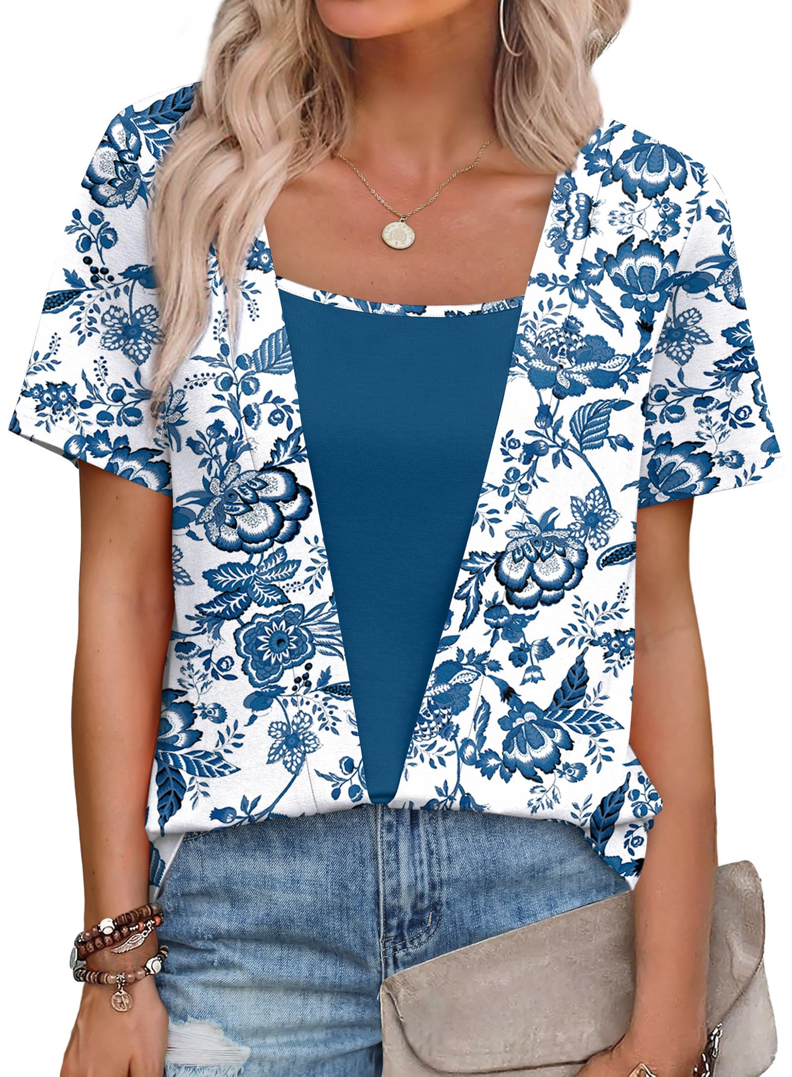 WIHOLL Womens Summer Tops Trendy 2 in 1 Blouses Short Sleeve Shirts Casual T Shirts Beach Vacation Clothes