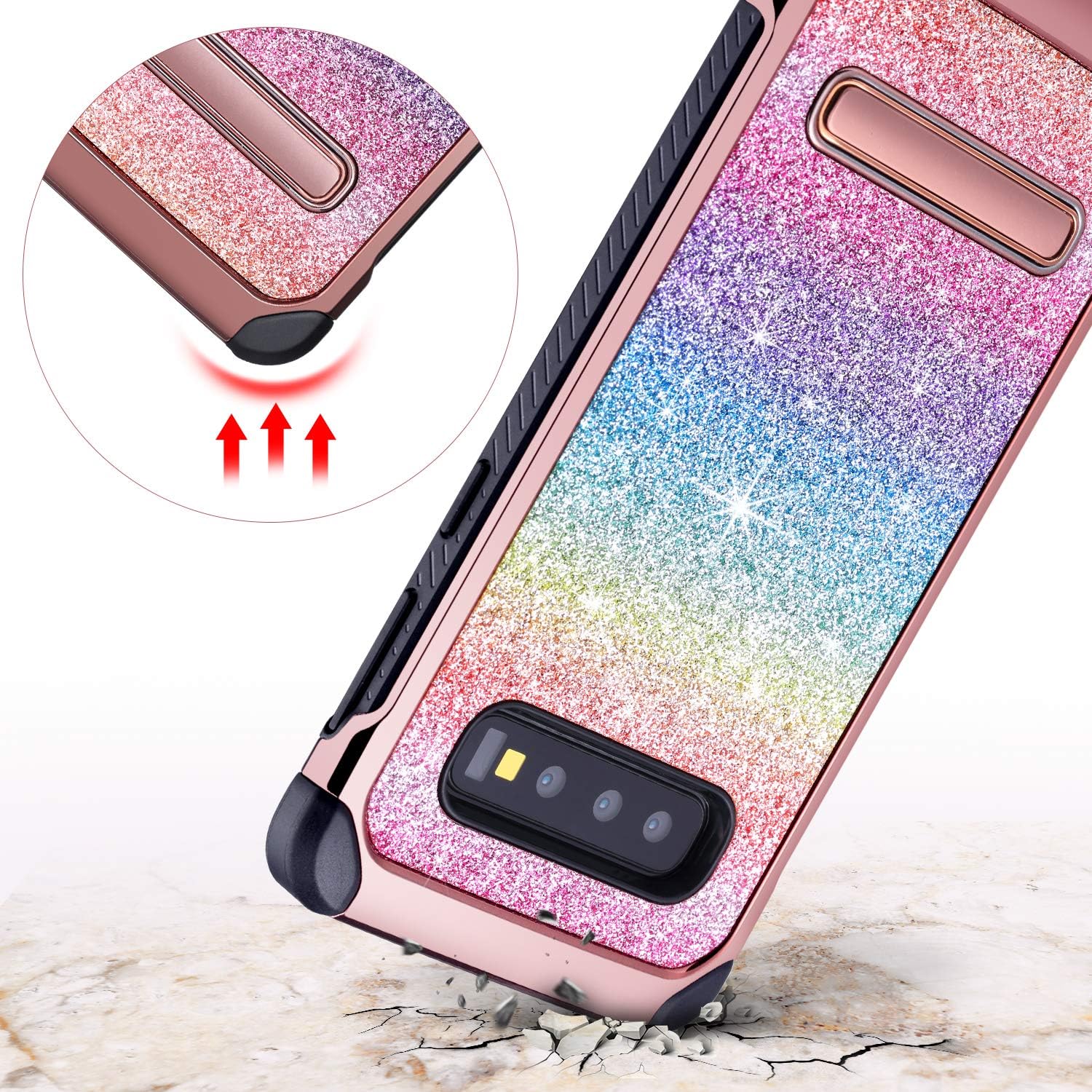 UARMOR Case for Samsung Galaxy S10, Galaxy S10 Case, Luxury Colorful Glitter Bling Rugged Shockproof Stand Hybrid Sparkly Shiny Faux Leather Chrome Hard Case Cover for Samsung Galaxy S10, Rainbow
