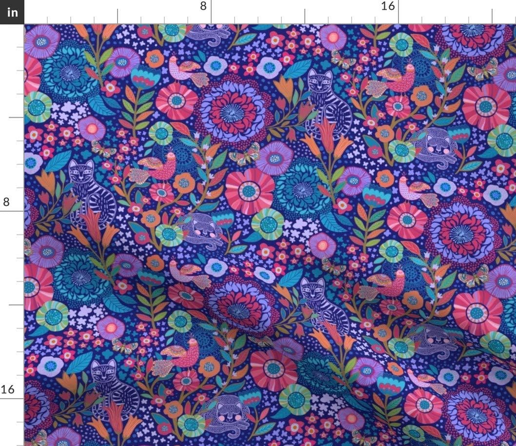 Spoonflower Fabric - Flowers Blue Garden Cats Folk 500Th Printed on Petal Signature Cotton Fabric by The Yard - Sewing Quilting Apparel Crafts Decor