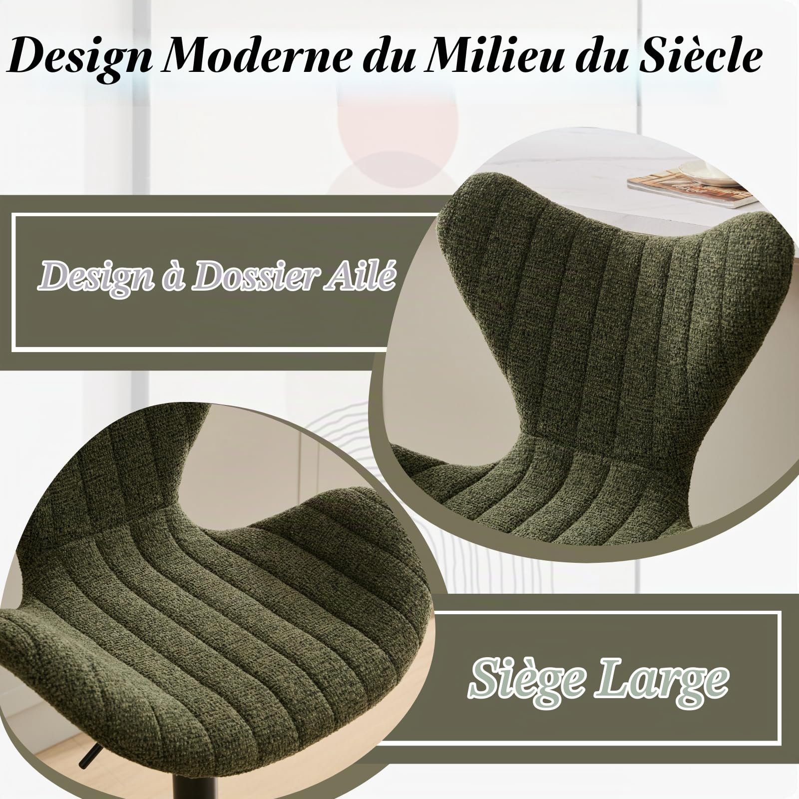Ya-Home Tabouret de Bar Moderne avec Repose-Pied en Métal, Chaise Haute Bar Lot de 2 Chaise Bar en Chenille Tabouret pour Bar, Vert