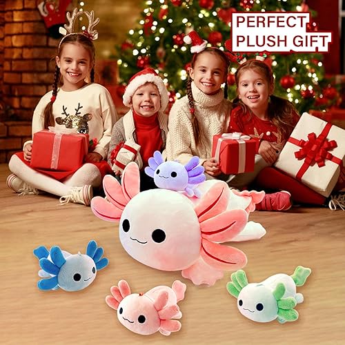 Miniatura 6 de Peluche de Axolotl, Lindo Animal de Peluche de Axolotl Mamá con 4 Peluches de Axolotl Bebé en la Barriga, Juguete de Peluche Kawaii de Axolotl,