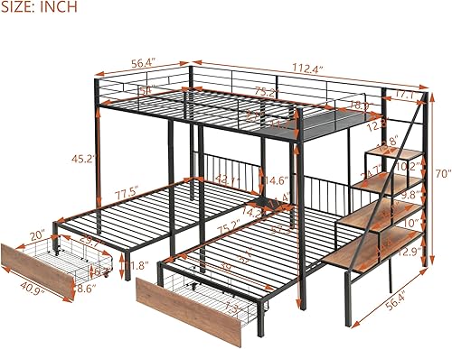 Miniatura 179 de Litera en forma de L individual sobre cama matrimonial adjunta, litera triple de metal con escritorio y tobogán integrados, marco de literas de